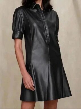 Banana Republic Faux Leather Short Sleeve A-Line Swing Dress